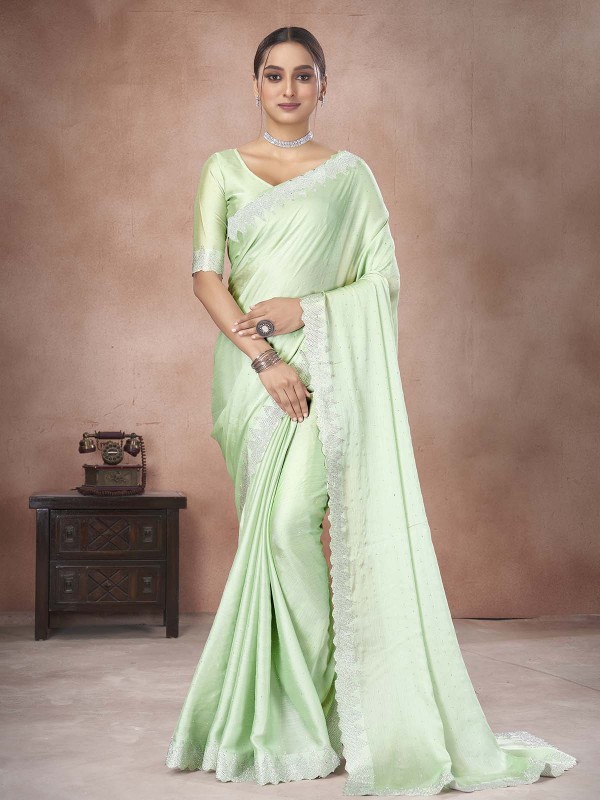 Pista Green Satin Chiffon Saree